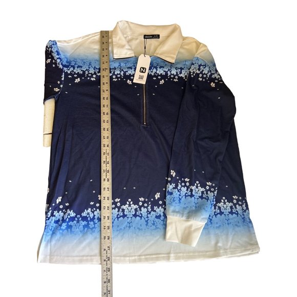 Noracora Blue & White Floral Print 1/2 Zip Long Sleeve Top, Medium - Picture 8 of 9